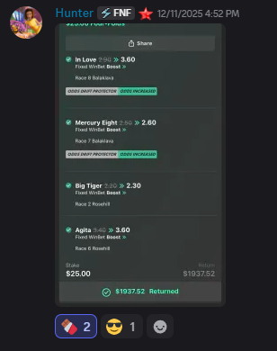 Member bet slip: $25 four-fold returning $1,937.52