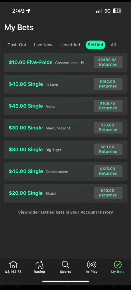 Member settled bets list showing a winning five-fold and six winning singles
